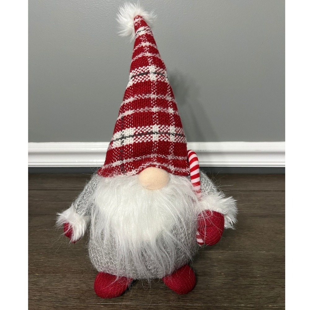 Christmas Gnome Plush Figurine Red Plaid Hat Candy Cane Holiday Decor 10"